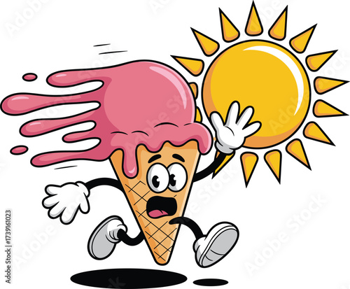 Scared Cartoon Ice Cream Cone Character Melting and Running Away from the Sun