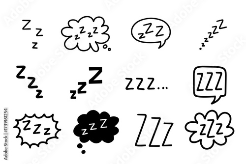 Hand drawn doodle zzz cartoon illustration in black on white background. Perfect for sleep, relaxation, bedtime, kids design, and digital projects.