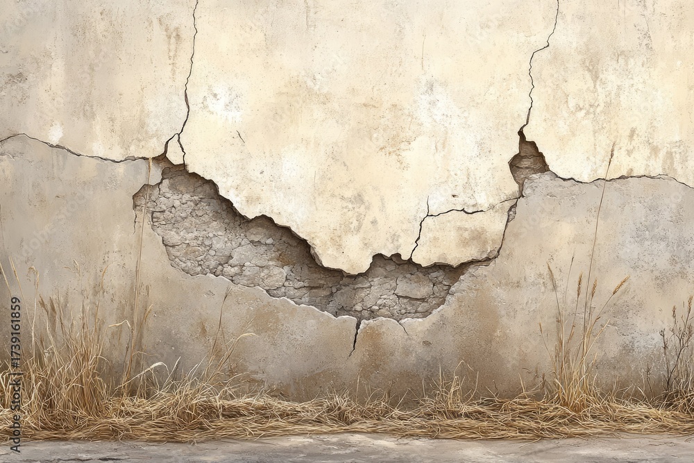Obraz premium Cracked wall with dried grass