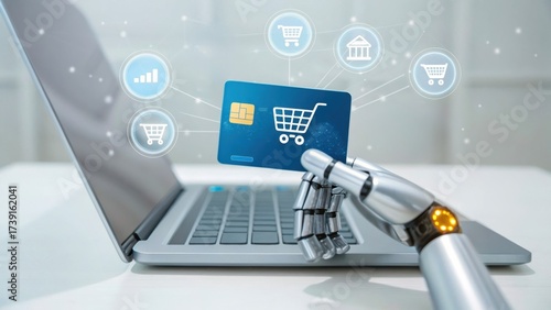AI-driven Customer Experience A robotic hand interacts with a laptop, symbolizing automated online shopping and technology integration.