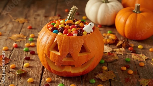 A carved Halloween pumpkin overflowing with colorful candies and scattered autumn leaves on a rustic wooden surface