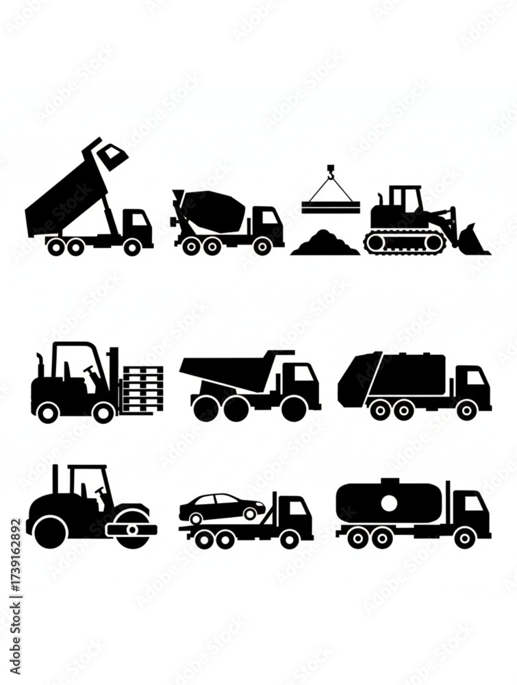 Fototapeta premium A Collection of Essential Black Silhouette Icons Featuring Various Construction and Service Vehicles. 