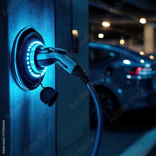 EV charging station with blue light, car blurry in background