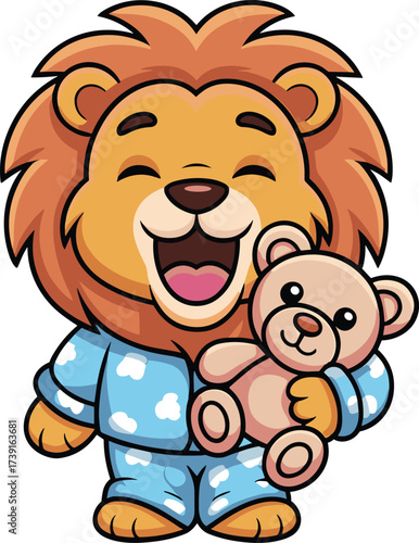 Cute Cartoon Baby Lion Mascot in Pajamas Hugging a Teddy Bear