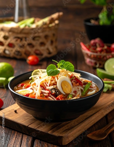 Spicy noodle soup in black bowl