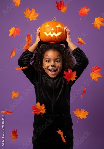  Happy Halloween. Happy black girl in cat costume holding pumpkin above head, purple background, autumn leaves falling.

