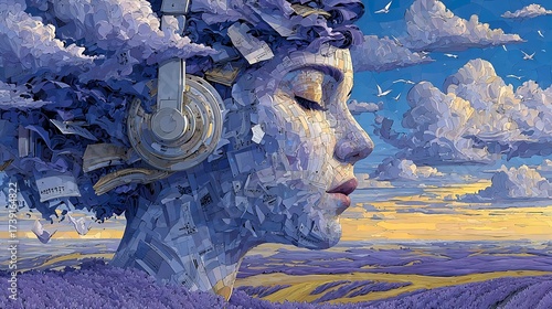 Surreal cloud-textured portrait of a woman with headphones in a dreamscape