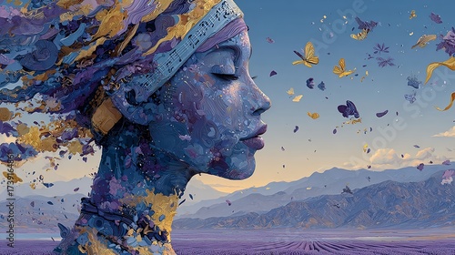 Surreal blue textured portrait of a woman releasing butterflies into nature