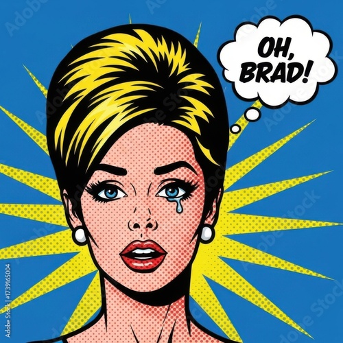 Distressed comic heroine crying in retro style backdrop with pop art mood