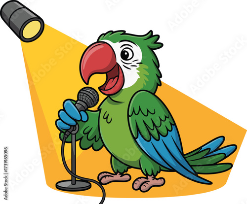 Cute Cartoon Green Parrot Character Singing into a Microphone Under a Spotlight