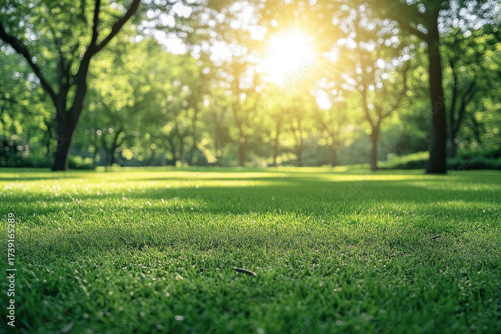 Fototapeta premium Sunlight through trees on green lawn