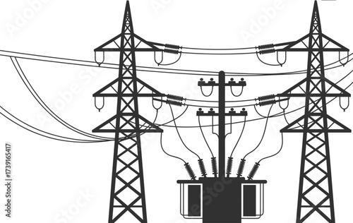 Black and white silhouette illustration of electrical transformer with high voltage power lines, utility poles, pylons, electricity grid, energy distribution