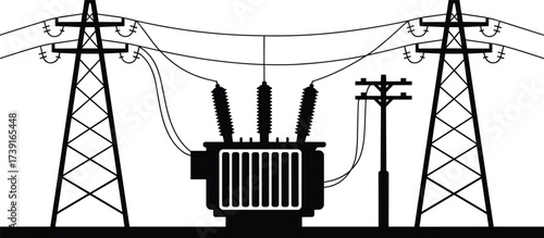 Black and white silhouette illustration of electricity transformer, power pylons, utility poles, transmission lines, high voltage grid, industrial energy infrastructure