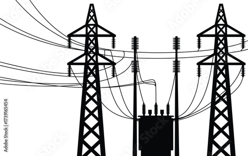 Black and white silhouette illustration of electrical transformer with high voltage power lines, utility poles, pylons, electricity grid, energy distribution