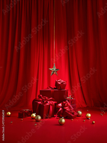 Elegant Christmas presents with red ribbon and gold star against a luxurious red curtain backdrop creates a magical festive atmosphere for the holidays