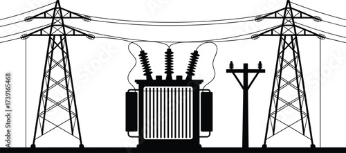Black and white silhouette illustration of electricity transformer, power pylons, utility poles, transmission lines, high voltage grid, industrial energy infrastructure