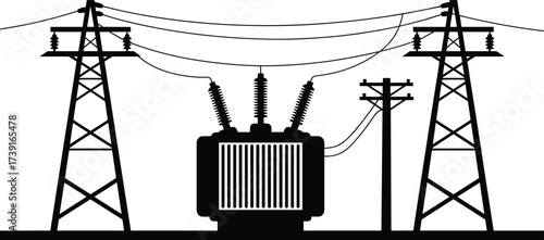 Black and white silhouette illustration of electricity transformer, power pylons, utility poles, transmission lines, high voltage grid, industrial energy infrastructure