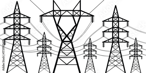 Detailed black and white line art illustration of multiple electricity pylons with high voltage power lines, transmission towers, energy infrastructure