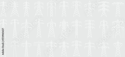 Detailed black and white line art illustration of multiple electricity pylons, high voltage transmission towers, power lines, energy grid infrastructure