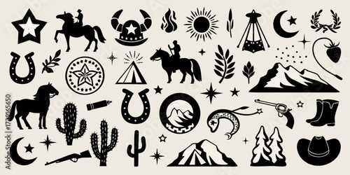 Collection of western and native american inspired icons and silhouettes in black and white