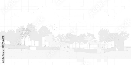 Stylized minimalist architectural drawing of a park scene with trees and people enjoying the outdoors