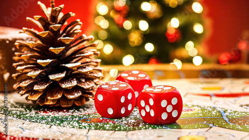 Festive red dice and pinecone create a cozy Christmas game night scene with tree lights, perfect for holiday promotions and family fun concepts