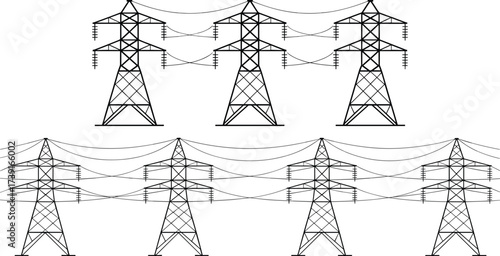 High voltage electricity transmission towers, power lines, energy infrastructure, electrical grid, pylons, industrial engineering, black white illustration, utility structures