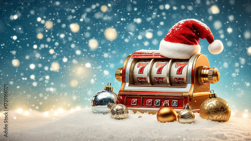 Lucky festive season with a slot machine showing 777 and Christmas ornaments in a snowy winter wonderland setting conveying holiday cheer and luck