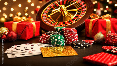Exciting casino night with festive gifts and lucky cards, creating a thrilling holiday atmosphere for high-stakes fun and celebration