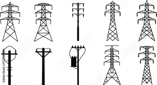 Set of high voltage power transmission towers, electricity pylons, utility poles, black and white vector illustration, energy infrastructure design