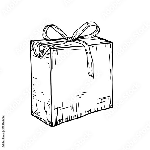 Gift box with a bow, black and white sketch. Vector illustration. Festive packaging, insulated on a white background. Birthday, Christmas, New Year and holidays theme