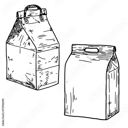 Cardboard boxes, sketch. Vector illustration. Packaging for juice, milk and bulk products is isolated on white background. Concept of kitchen, cooking, shopping in the store and storage of products