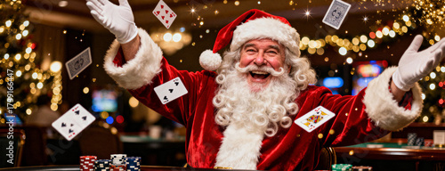 Santa Claus celebrating Christmas with a winning hand at the casino, joyful holiday spirit and festive gambling fun, perfect for seasonal promotions