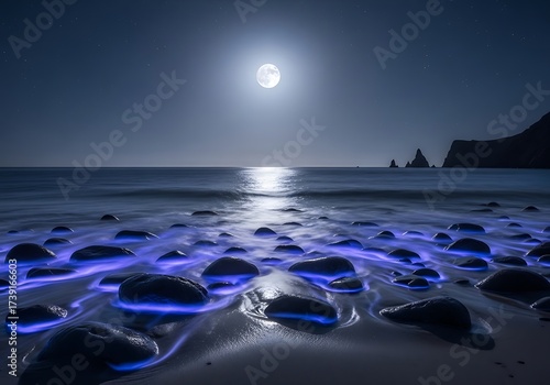 Bioluminescent ocean waves glowing with electric blue light on a rocky beach under a full moon at night