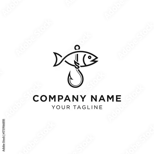 Minimalist logo design of a fish caught on a hook.