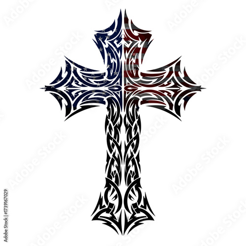 Decorative tribal cross design in red, white, and blue colors  