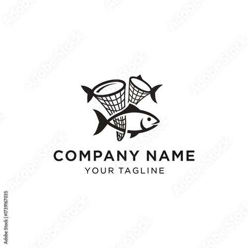 A black and white logo featuring a fish caught in fishing nets, with the text "COMPANY NAME" and "YOUR TAGLINE" below.