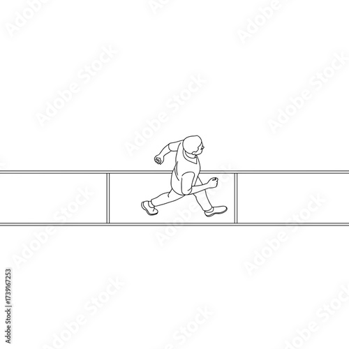 Person running on a sidewalk in a minimalist, monochrome style  