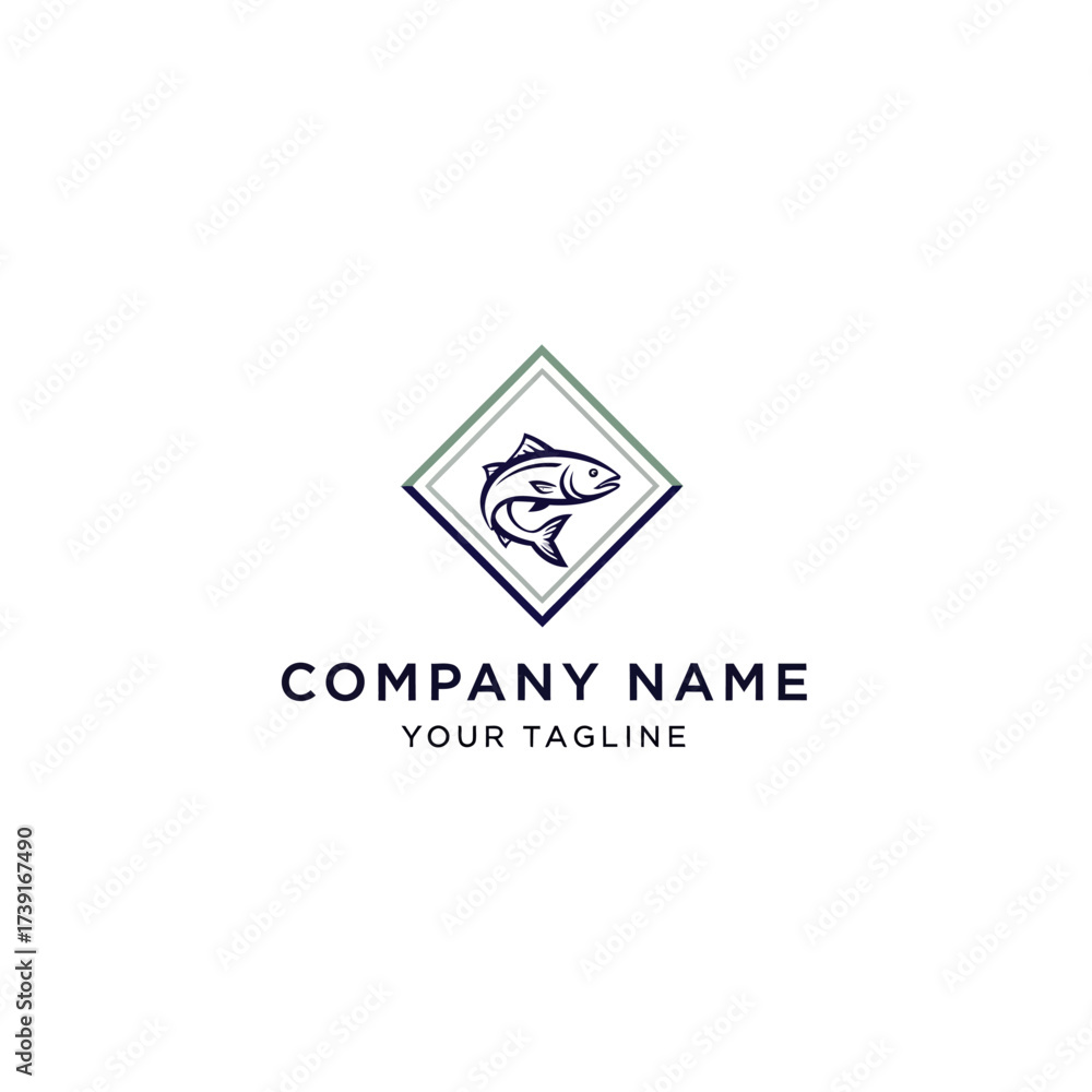 Naklejka premium A modern logo design featuring a line art fish inside a geometric diamond frame, with placeholder text for a company name and tagline.
