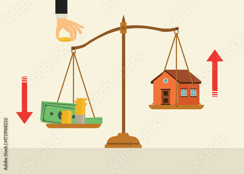 Scale with illustrations of cash and home stocks. The concept of inflation. Stock Illustration
