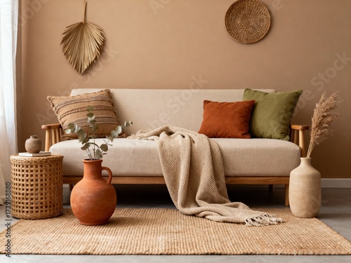 A warm, bohemian living room featuring terracotta walls, a natural fiber rug, a white sofa, and wicker and wood accents that create a cozy, earthy atmosphere.