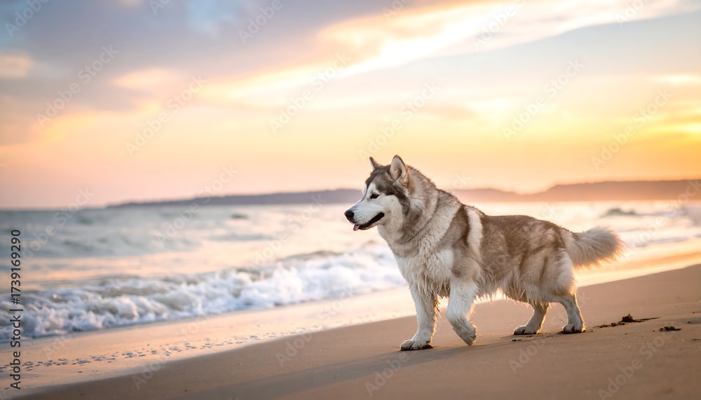 Fototapeta premium A majestic dog walks along the wet sand of a beach, framed by the warm light of a setting sun. Gentle waves lap the shoreline