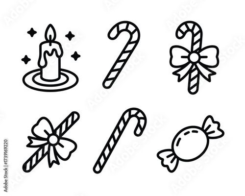 Set of six black and white line art christmas icons vector scalable eps illustration for festive designs silhouette vector illustration white background