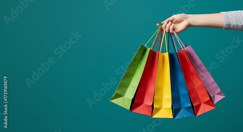 Hand holding colorful shopping bags against teal background