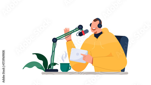 Illustration of men doing podcasts. Online speakers talking while holding gadgets. Flat vector and cartoon style isolated on white background