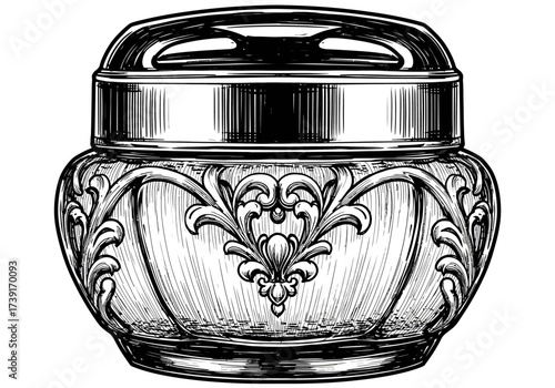 Ornate Glass Jar with Metal Lid Detailed Black and White Illustration.