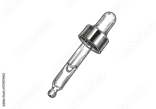 Detailed Engraving of a Glass Dropper with Liquid Inside.