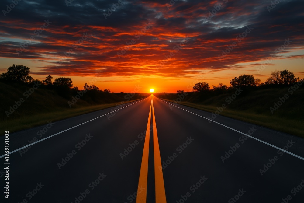 Naklejka premium Long straight highway stretching into horizon with vibrant sunset and dramatic clouds, symbolizing freedom, journey, and travel concept. Ai generative