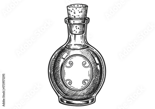 Vintage Glass Bottle with Cork Stopper and Decorative Design.