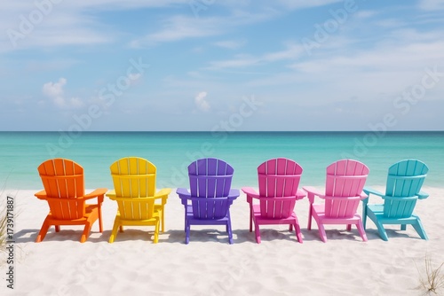 Colorful Adirondack chairs on tropical beach with turquoise sea under blue sky, perfect summer vacation travel concept. Ai generative